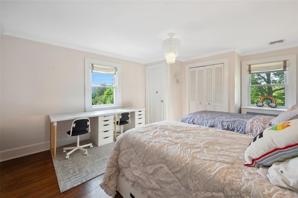 Bedroom, Chandelier, Home Office, Interior, Wood Texture Flooring