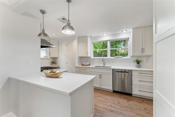 Interior, Kitchen, Pendant Lights, Stainless Steel Appliances, Wood Texture Flooring