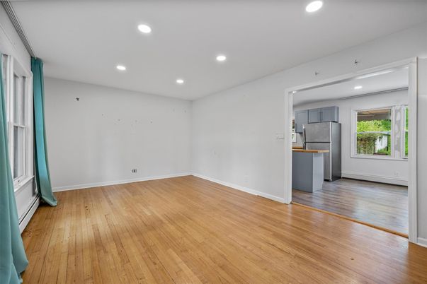Empty room, Interior, Kitchen, Recessed Lighting, Wood Texture Flooring