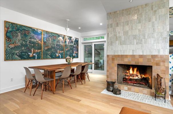 Dining room, Fireplace, Interior, Pendant Lights, Recessed Lighting, Wood Texture Flooring