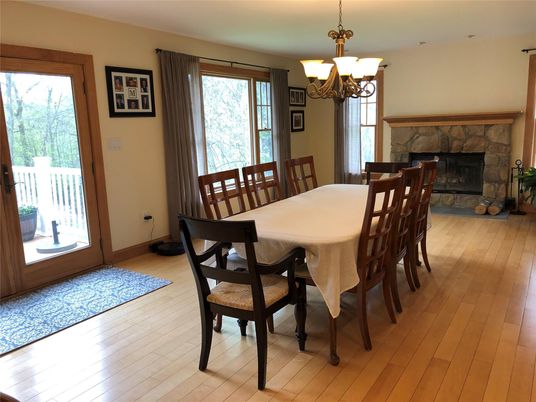 Chandelier, Dining room, Fireplace, Interior, Wood Texture Flooring