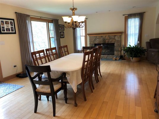 Chandelier, Dining room, Fireplace, Interior, Wood Texture Flooring