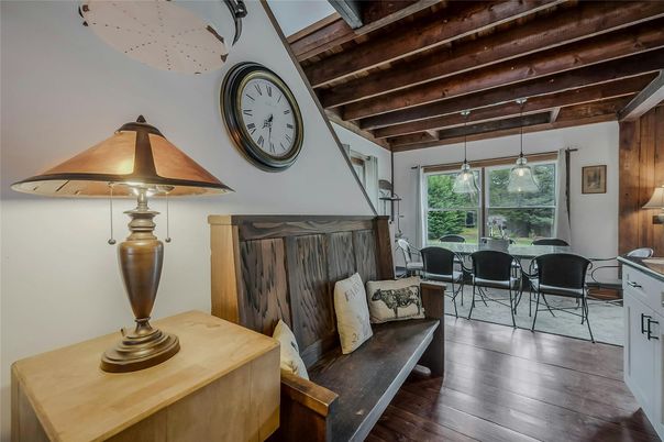 Dining room, Interior, Pendant Lights, Wooden Beams, Wooden Ceilings, Wood Texture Flooring