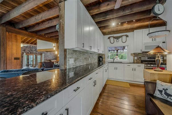 Interior, Kitchen, Pendant Lights, Stainless Steel Appliances, Wooden Beams, Wooden Ceilings, Wood Texture Flooring