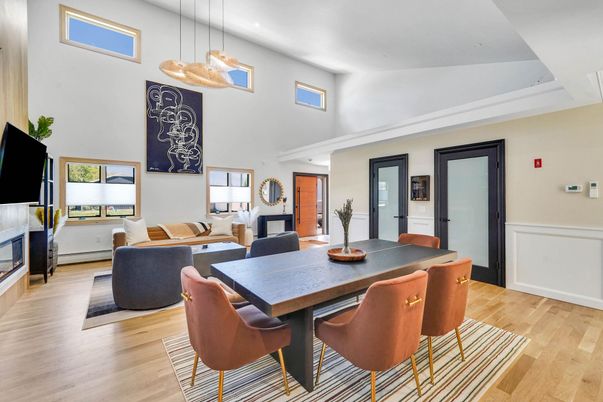 Dining room, Fireplace, Interior, Living room, Pendant Lights, Wood Texture Flooring