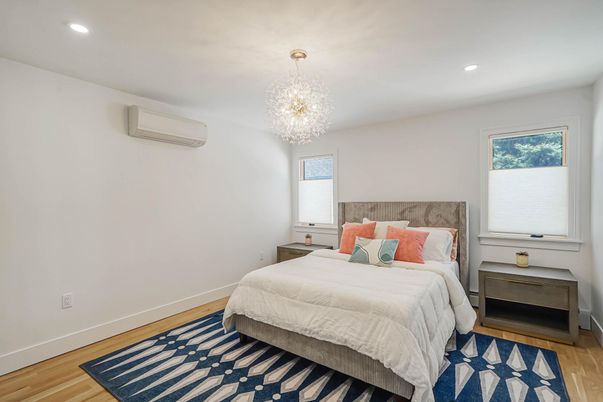 Bedroom, Chandelier, Interior, Recessed Lighting, Wood Texture Flooring