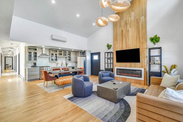 Dining room, Fireplace, Interior, Kitchen, Living room, Pendant Lights, Recessed Lighting, Stainless Steel Appliances, Wood Texture Flooring