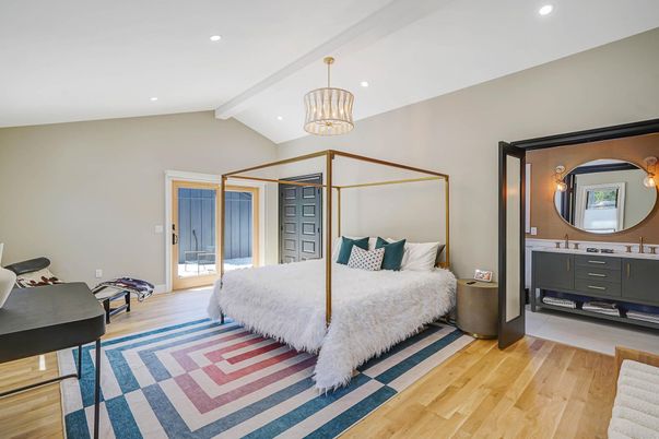 Bedroom, Interior, Pendant Lights, Recessed Lighting, Wood Texture Flooring
