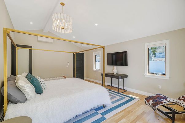 Bedroom, Interior, Pendant Lights, Recessed Lighting, Wood Texture Flooring