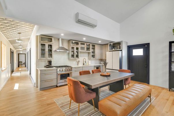 Dining room, Interior, Kitchen, Recessed Lighting, Stainless Steel Appliances, Wood Texture Flooring