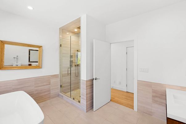 Bathroom, Glass Shower, Interior, Recessed Lighting, Wood Texture Flooring