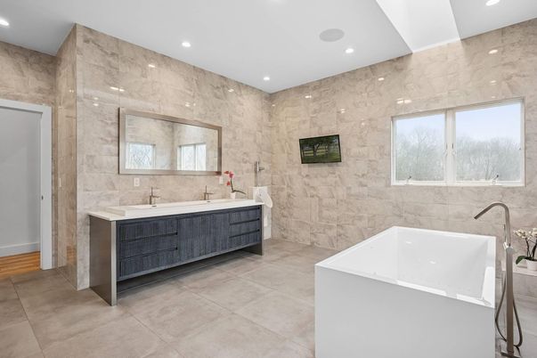 Bathroom, Dual Sink Vanities, Free Standing Baths, Interior, Marble Walls, Recessed Lighting