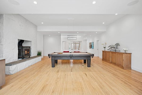 Billiard Table, Fireplace, Game Room, Interior, Pendant Lights, Recessed Lighting, Wood Texture Flooring