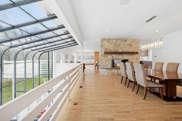 Dining room, Fireplace, Glass Ceilings, Interior, Pendant Lights, Recessed Lighting, Stone Walls, Wood Texture Flooring
