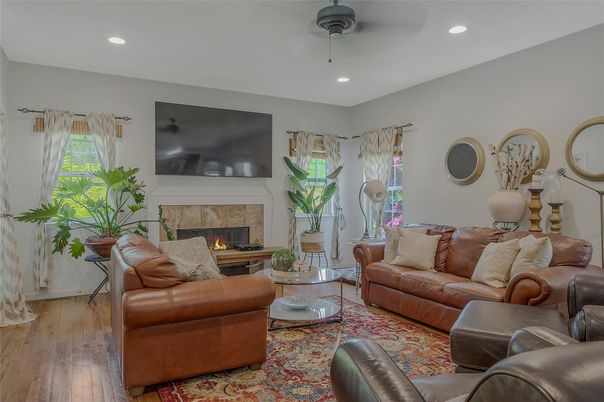 Fireplace, Interior, Living room, Recessed Lighting, Wood Texture Flooring