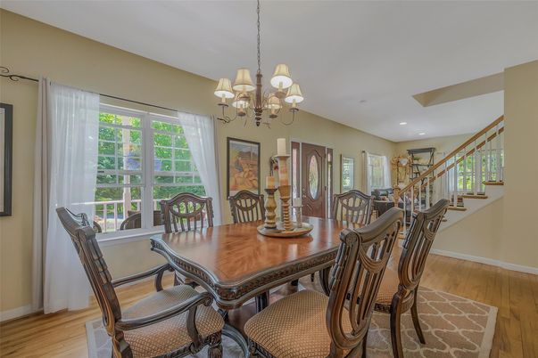 Chandelier, Dining room, Interior, Recessed Lighting, Wood Texture Flooring