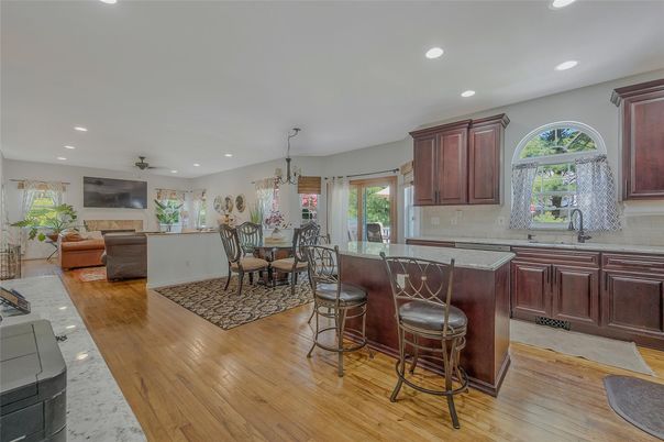 Dining room, Interior, Kitchen, Living room, Pendant Lights, Recessed Lighting, Wood Texture Flooring