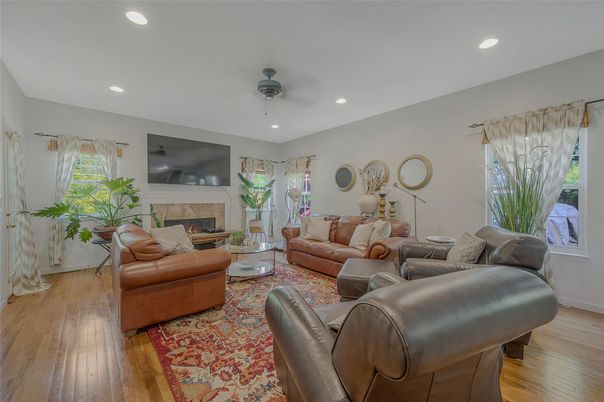 Fireplace, Interior, Living room, Recessed Lighting, Wood Texture Flooring