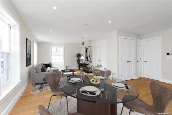 Dining room, Interior, Living room, Recessed Lighting, Wood Texture Flooring