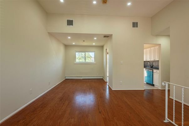 Empty room, Interior, Kitchen, Recessed Lighting, Wood Texture Flooring