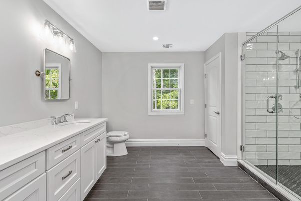 Bathroom, Glass Shower, Interior, Recessed Lighting, Wood Texture Flooring