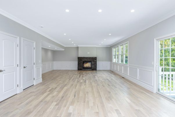 Empty room, Fireplace, Interior, Recessed Lighting, Wood Texture Flooring
