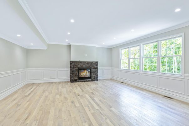 Empty room, Fireplace, Interior, Recessed Lighting, Wood Texture Flooring