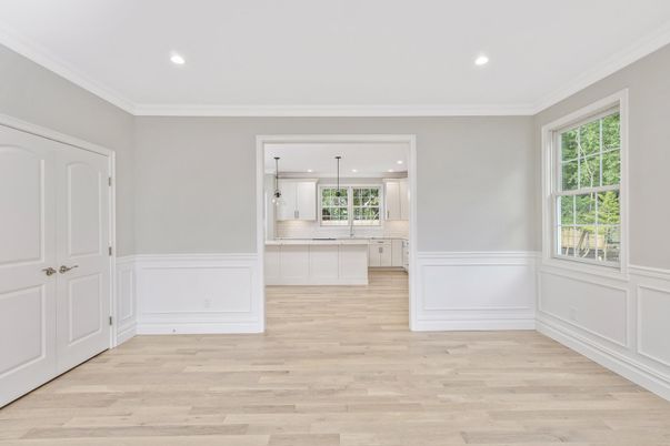 Empty room, Interior, Kitchen, Pendant Lights, Recessed Lighting, Wood Texture Flooring