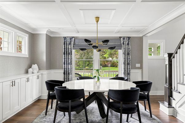 Dining room, Interior, Pendant Lights, Wood Texture Flooring