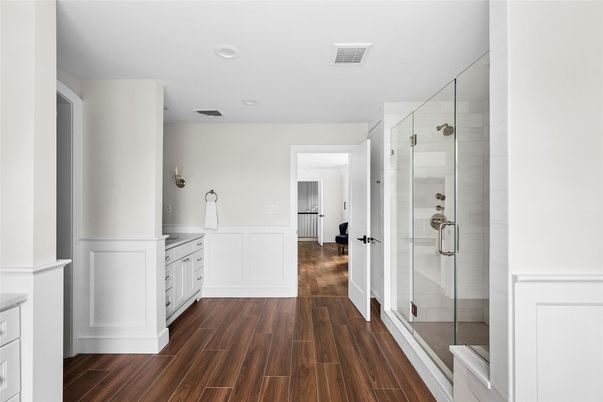 Bathroom, Glass Shower, Interior, Recessed Lighting, Wood Texture Flooring