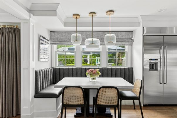Dining room, Interior, Kitchen, Pendant Lights, Recessed Lighting, Stainless Steel Appliances, Wood Texture Flooring
