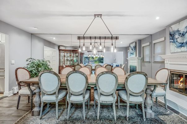 Dining room, Fireplace, Interior, Pendant Lights, Recessed Lighting, Wood Texture Flooring