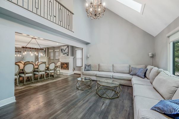 Chandelier, Dining room, Fireplace, Interior, Living room, Pendant Lights, Wood Texture Flooring