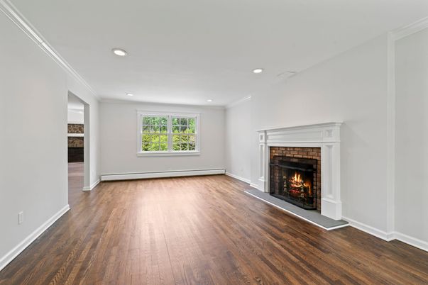 Empty room, Fireplace, Interior, Recessed Lighting, Wood Texture Flooring