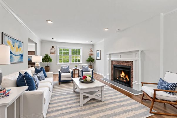 Fireplace, Interior, Living room, Pendant Lights, Recessed Lighting, Wood Texture Flooring