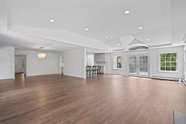 Chandelier, Empty room, Interior, Kitchen, Recessed Lighting, Wood Texture Flooring
