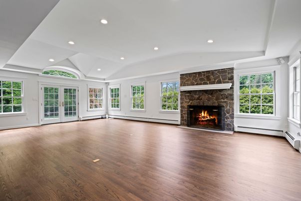 Empty room, Fireplace, Interior, Recessed Lighting, Wood Texture Flooring
