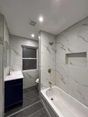 Bathroom, Glass Shower, Interior, Marble Walls, Recessed Lighting