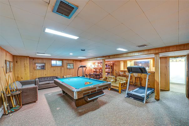 Billiard Table, Fitness Equipment, Game Room, Interior, Recessed Lighting, Wooden Walls