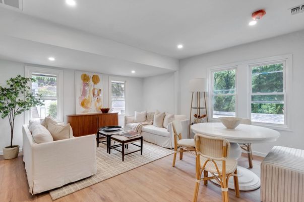 Dining room, Interior, Living room, Recessed Lighting, Wood Texture Flooring