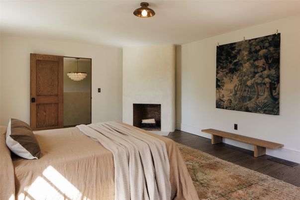 Bedroom, Fireplace, Interior, Wood Texture Flooring