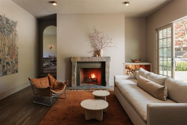 Fireplace, Interior, Living room, Recessed Lighting, Wood Texture Flooring