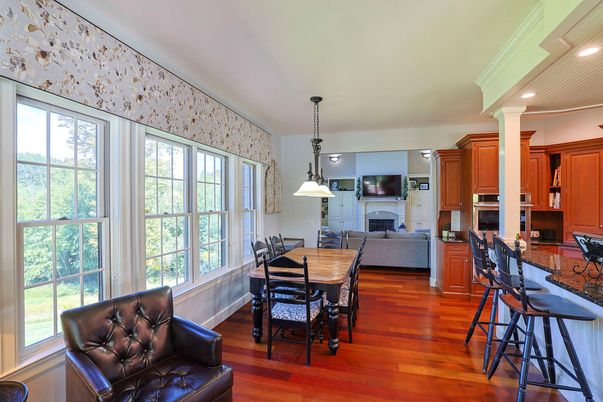 Dining room, Fireplace, Interior, Kitchen, Living room, Pendant Lights, Recessed Lighting, Wood Texture Flooring