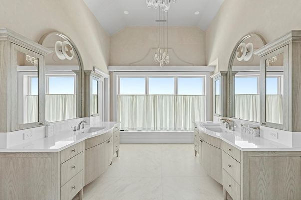 Bathroom, Dual Sink Vanities, Interior, Marble, Pendant Lights, Recessed Lighting