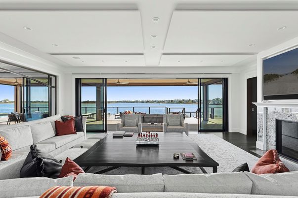 Fireplace, Interior, Living room, Recessed Lighting, Water, Wood Texture Flooring