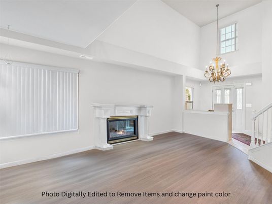 Chandelier, Empty room, Fireplace, Interior, Wood Texture Flooring