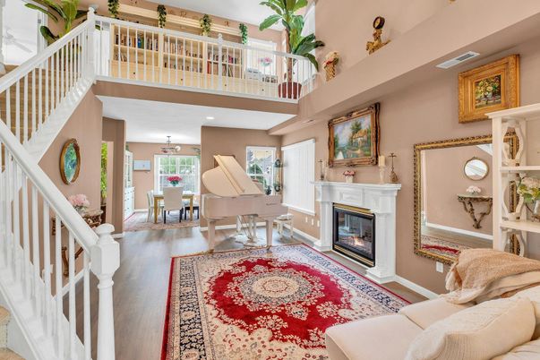 Dining room, Fireplace, Interior, Piano, Recessed Lighting, Wood Texture Flooring