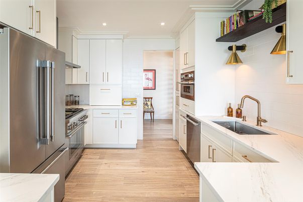 Interior, Kitchen, Recessed Lighting, Stainless Steel Appliances, Wood Texture Flooring