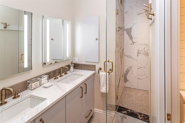 Bathroom, Dual Sink Vanities, Glass Shower, Interior, Marble Walls