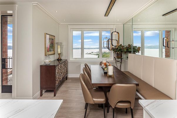Dining room, Interior, Pendant Lights, Recessed Lighting, Wood Texture Flooring